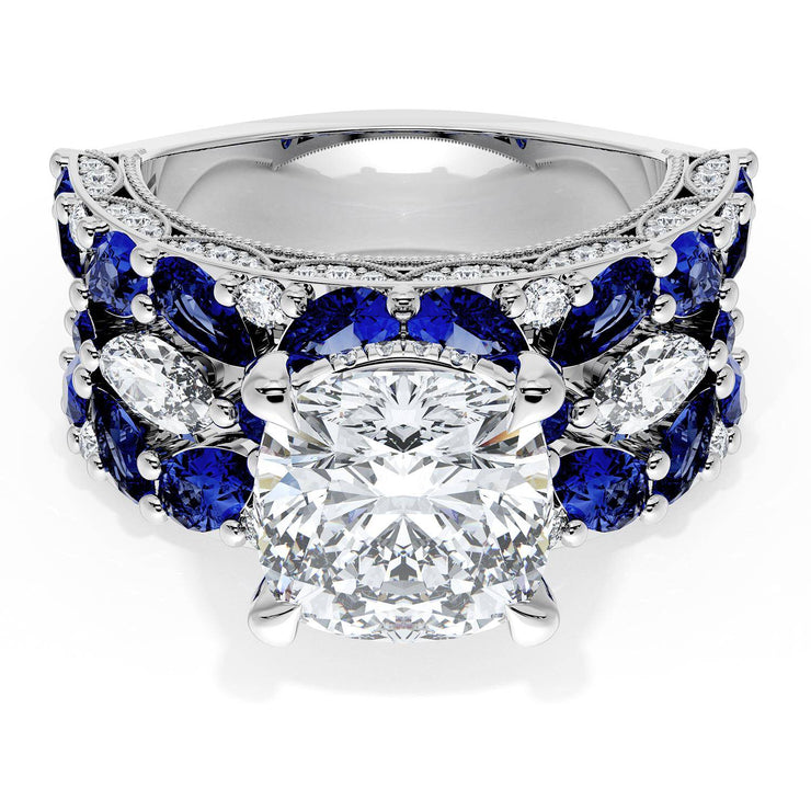 Cushion Solitaire Engagement Ring w/ Marquise & Pear Band