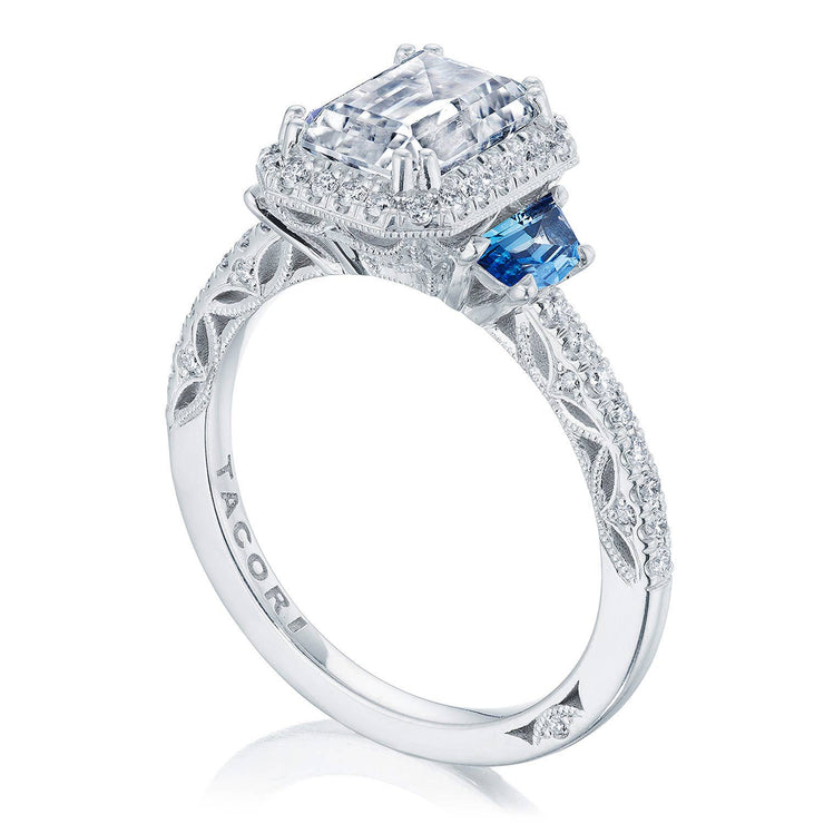 Emerald 3-Stone Engagement Ring with Blue Sapphires