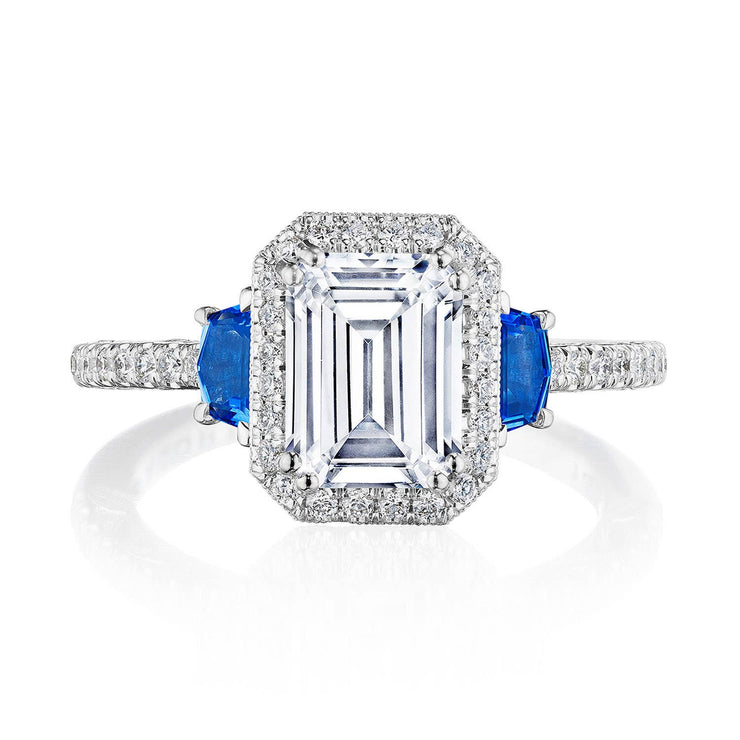 Emerald 3-Stone Engagement Ring with Blue Sapphires