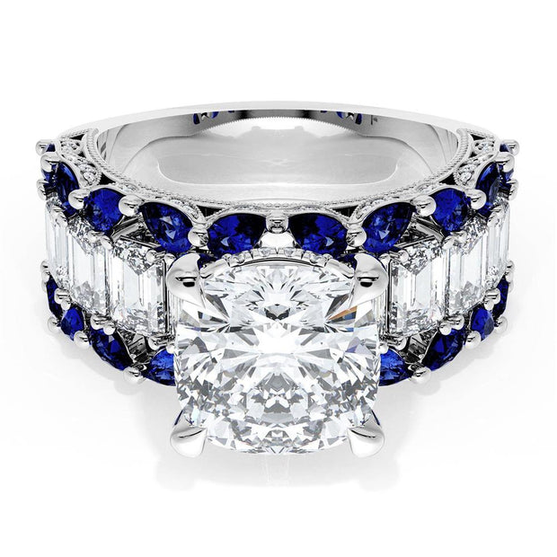 Cushion Solitaire Engagement Ring w/ Emerald & Pear Band