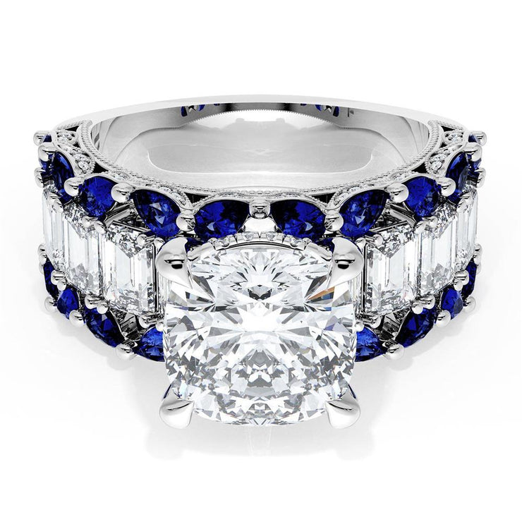 Cushion Solitaire Engagement Ring w/ Emerald & Pear Band