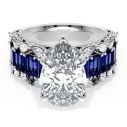 Pear Solitaire Engagement Ring w/ Emerald & Pear Band