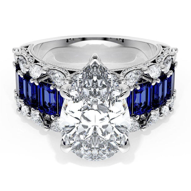 Pear Solitaire Engagement Ring w/ Emerald & Pear Band