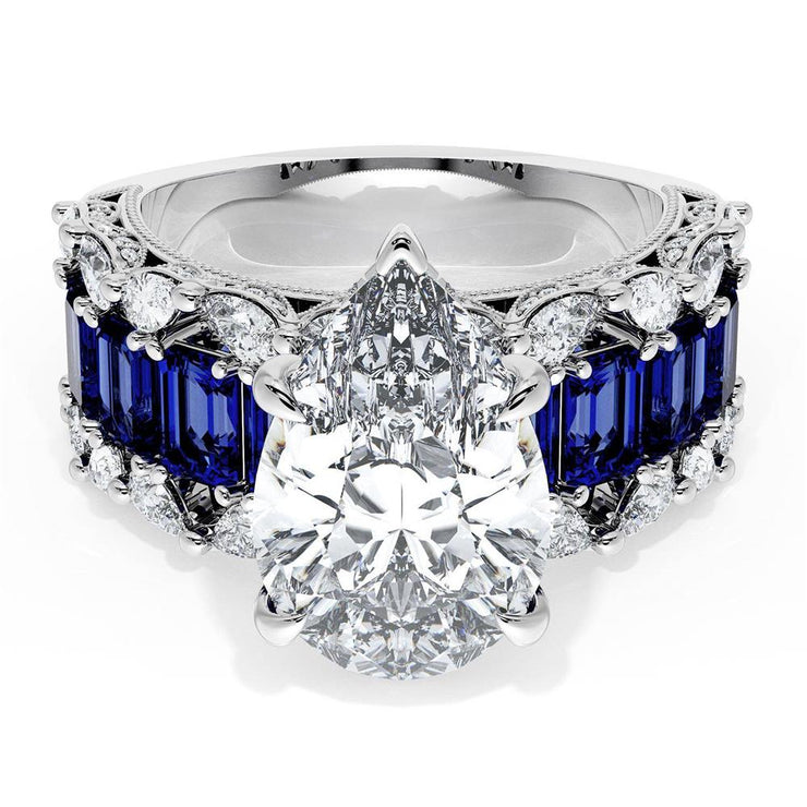 Pear Solitaire Engagement Ring w/ Emerald & Pear Band