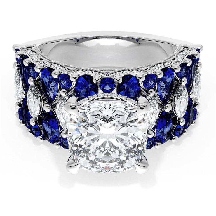 Cushion Solitaire Engagement Ring w/ North South Marquise & Pear Band
