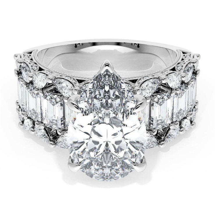 Pear Solitaire Engagement Ring w/ Emerald & Pear Band