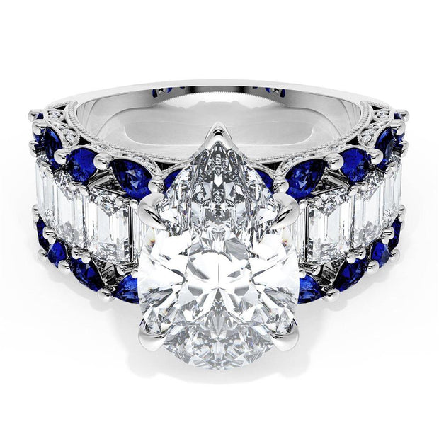 Pear Solitaire Engagement Ring w/ Emerald & Pear Band
