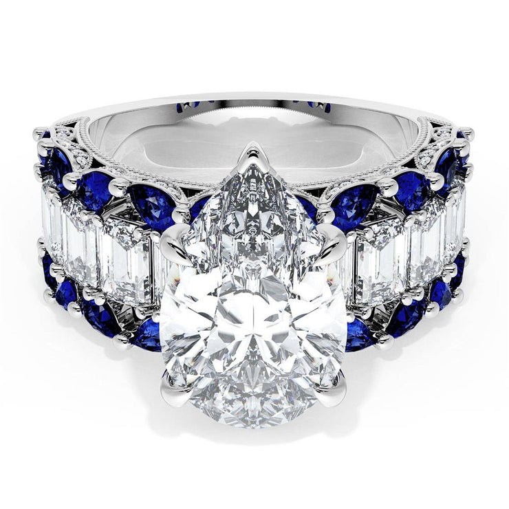 Pear Solitaire Engagement Ring w/ Emerald & Pear Band