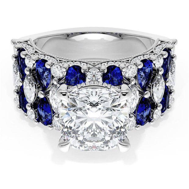 Cushion Solitaire Engagement Ring w/ North South Marquise & Pear Band