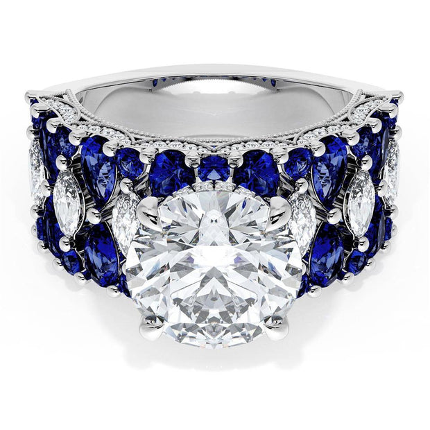 Round Solitaire Engagement Ring w/ North South Marquise & Pear Band