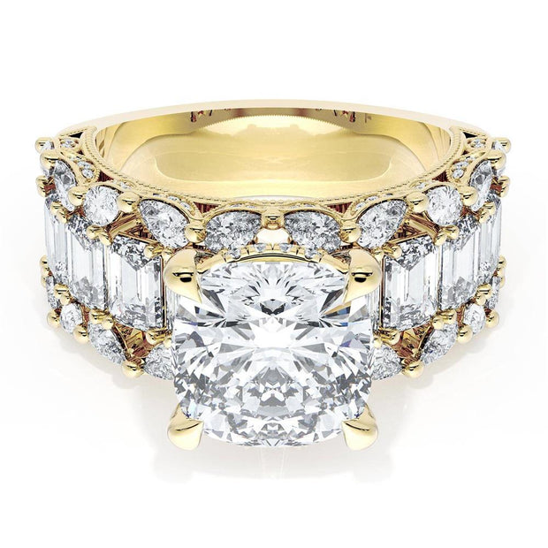 Cushion Solitaire Engagement Ring w/ Emerald & Pear Band