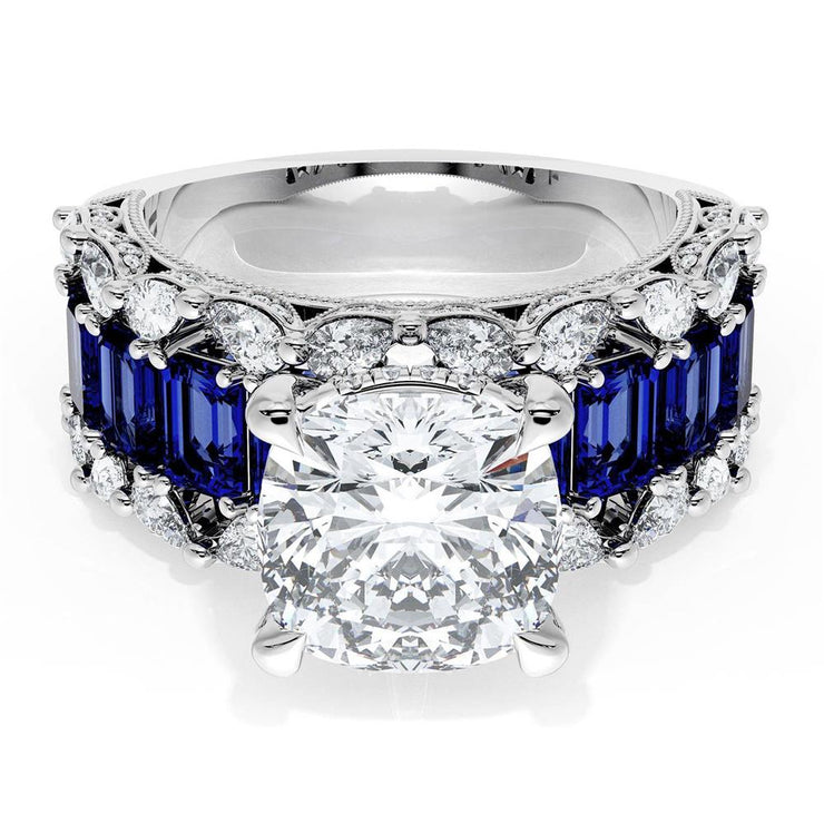 Cushion Solitaire Engagement Ring w/ Emerald & Pear Band