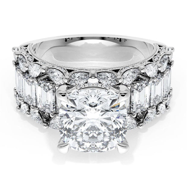 Cushion Solitaire Engagement Ring w/ Emerald & Pear Band