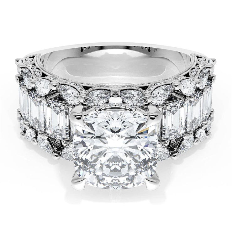 Cushion Solitaire Engagement Ring w/ Emerald & Pear Band