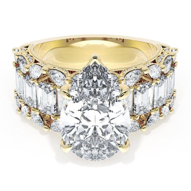 Pear Solitaire Engagement Ring w/ Emerald & Pear Band
