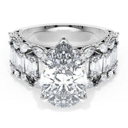 Pear Solitaire Engagement Ring w/ Emerald & Pear Band
