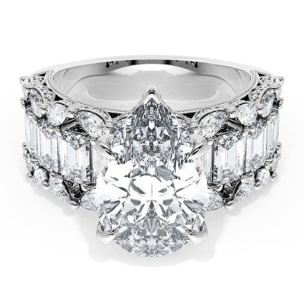 Pear Solitaire Engagement Ring w/ Emerald & Pear Band