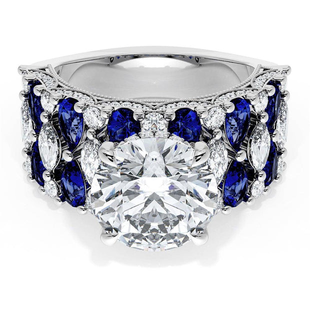 Round Solitaire Engagement Ring w/ North South Marquise & Pear Band