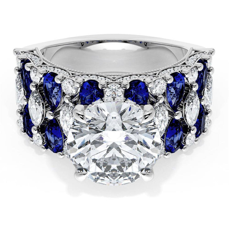 Round Solitaire Engagement Ring w/ North South Marquise & Pear Band