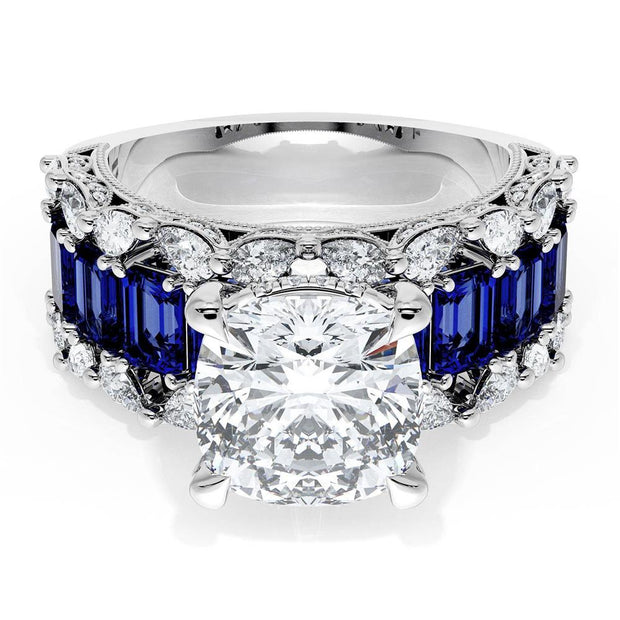 Cushion Solitaire Engagement Ring w/ Emerald & Pear Band