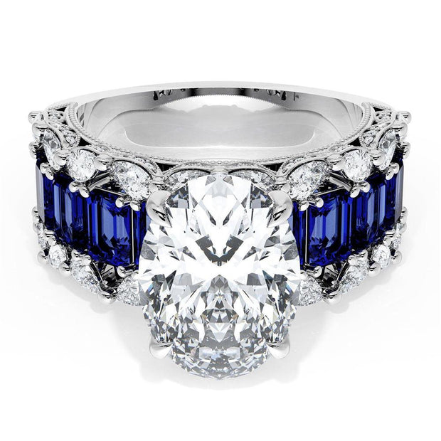 Oval Solitaire Engagement Ring w/ Emerald & Pear Band