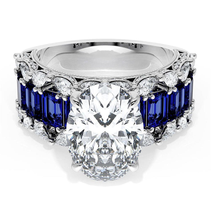 Oval Solitaire Engagement Ring w/ Emerald & Pear Band
