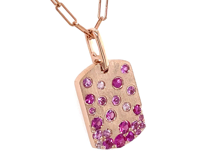 PINK SAPPHIRE & RUBY CONFETTI DOGTAG PENDANT, 14X10MM, 18" PAPERCLIP CHAIN, SATIN FINISH, 14KR